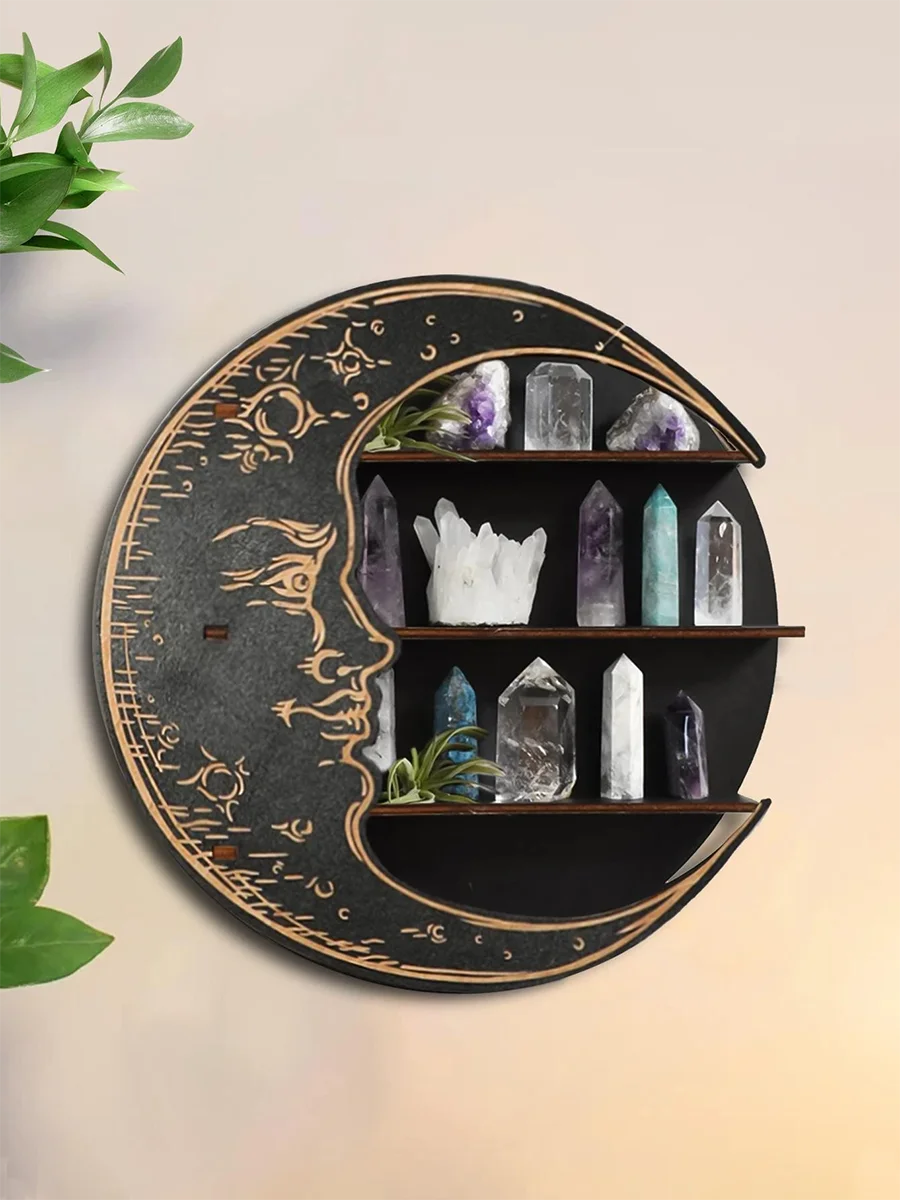 Moon Face Wooden Floating Shelf - Boho Wall Decor