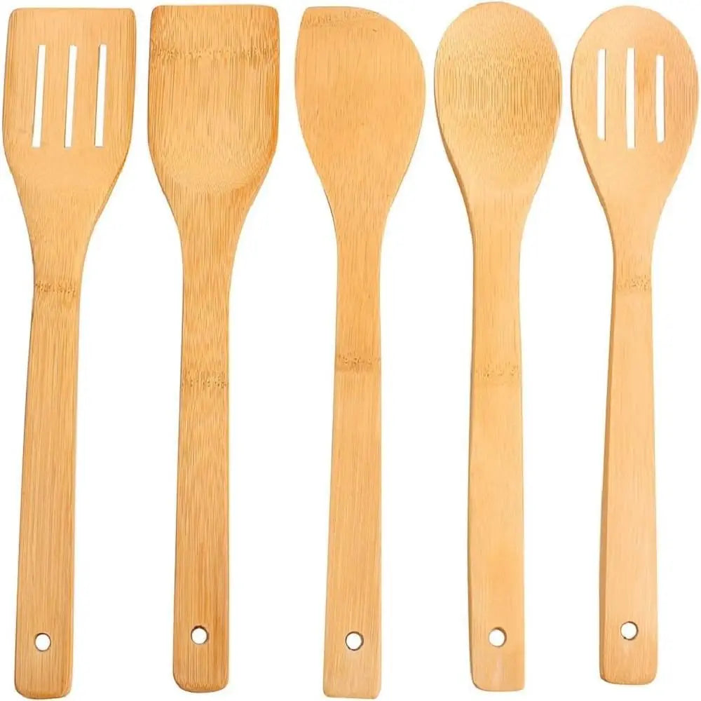 Kit de 5 ustensiles de cuisine en bois avec support – Ustensiles de cuisine antiadhésifs