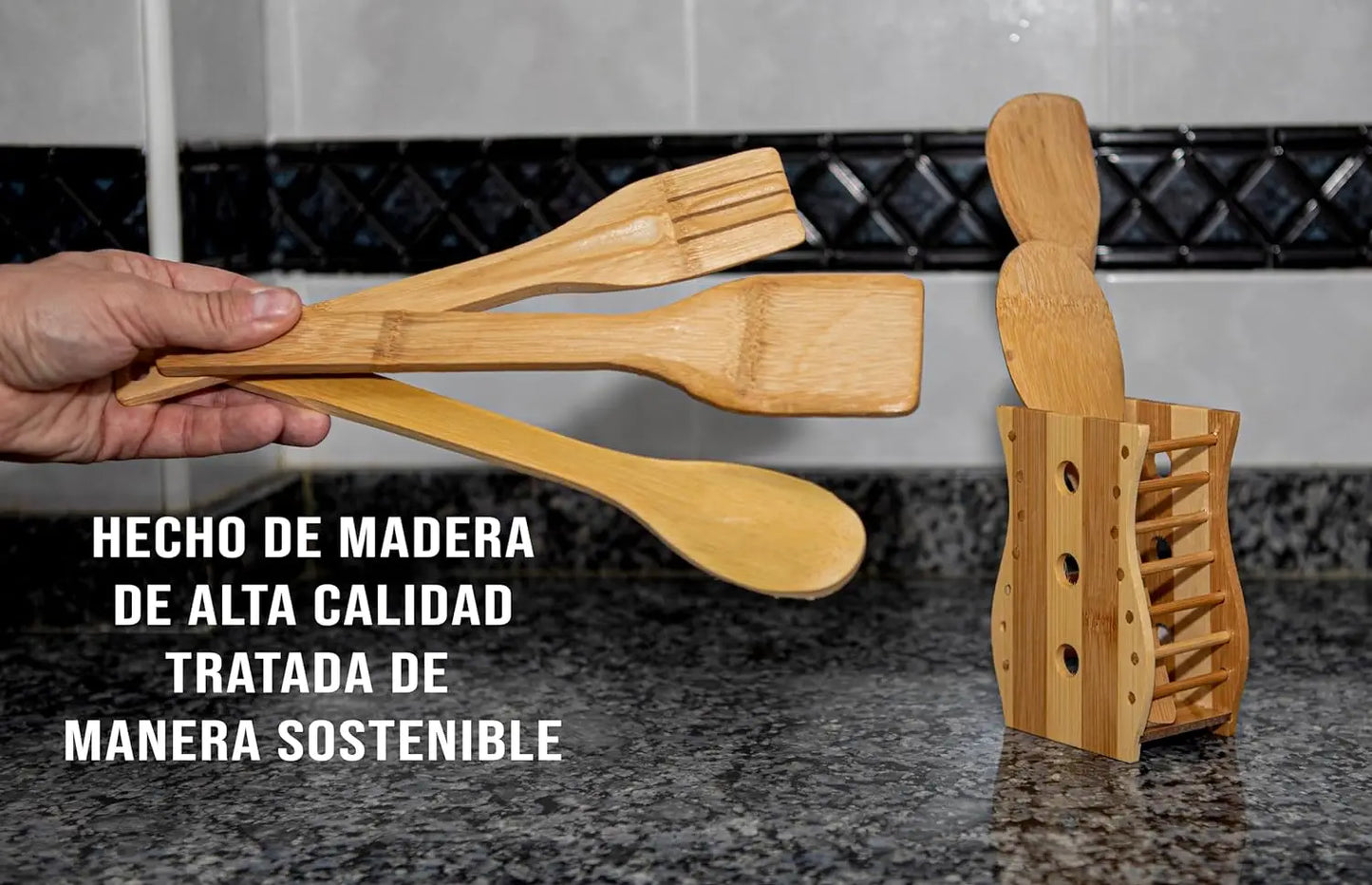 Juego de 5 utensilios de cocina de madera con soporte: utensilios de cocina antiadherentes