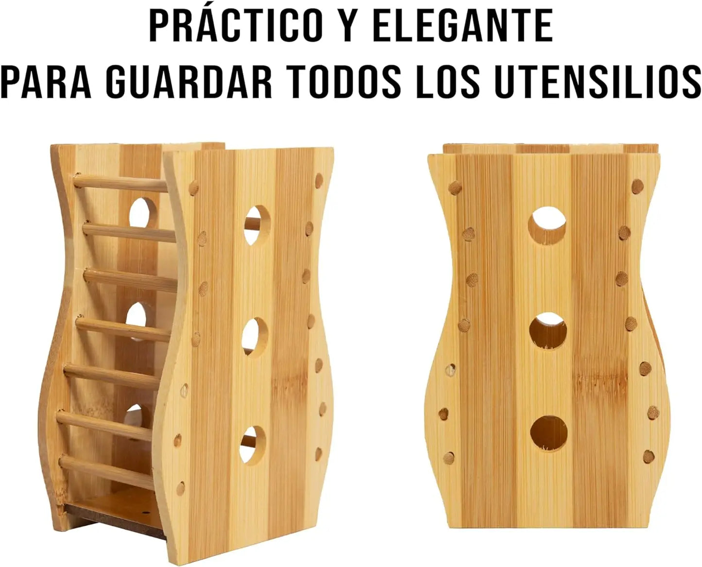 Juego de 5 utensilios de cocina de madera con soporte: utensilios de cocina antiadherentes