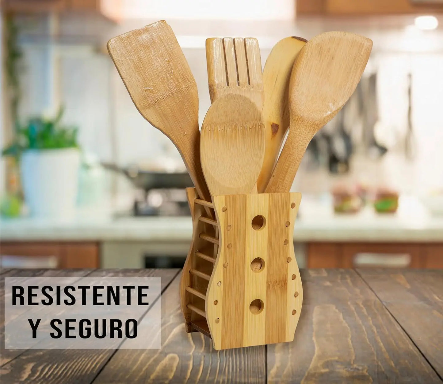 Kit de 5 ustensiles de cuisine en bois avec support – Ustensiles de cuisine antiadhésifs