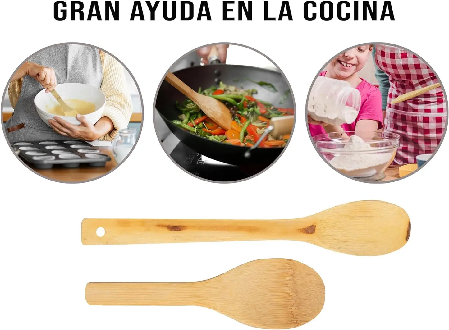 Juego de 5 utensilios de cocina de madera con soporte: utensilios de cocina antiadherentes