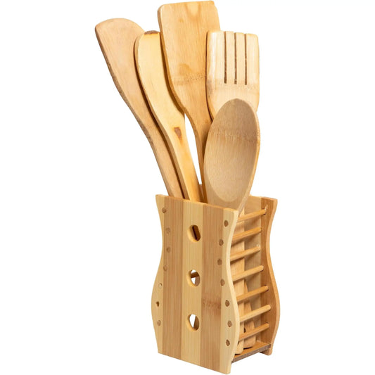 5-Piece Wooden Kitchen Gadgets Kit with Stand - Anti-stick Cooking Utensils