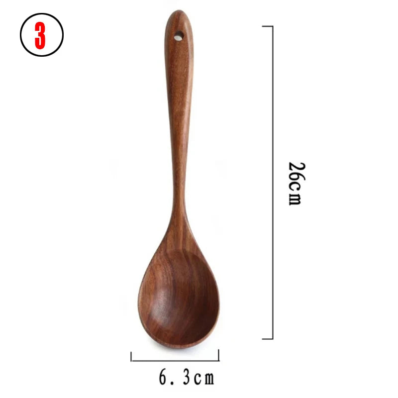 Juego de cocina de madera de teca tailandesa natural: colador de arroz, espumadera y cucharas para cocinar