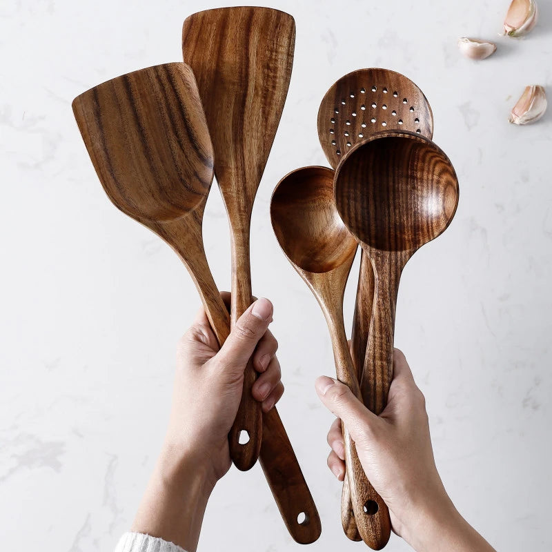 Juego de cocina de madera de teca tailandesa natural: colador de arroz, espumadera y cucharas para cocinar