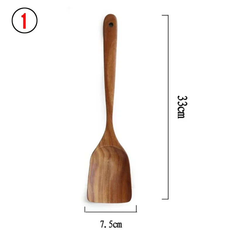 Juego de cocina de madera de teca tailandesa natural: colador de arroz, espumadera y cucharas para cocinar