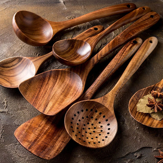 Juego de cocina de madera de teca tailandesa natural: colador de arroz, espumadera y cucharas para cocinar