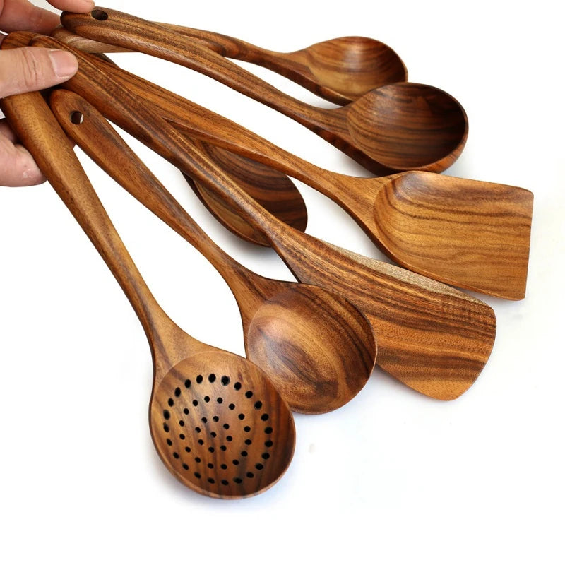 Juego de cocina de madera de teca tailandesa natural: colador de arroz, espumadera y cucharas para cocinar