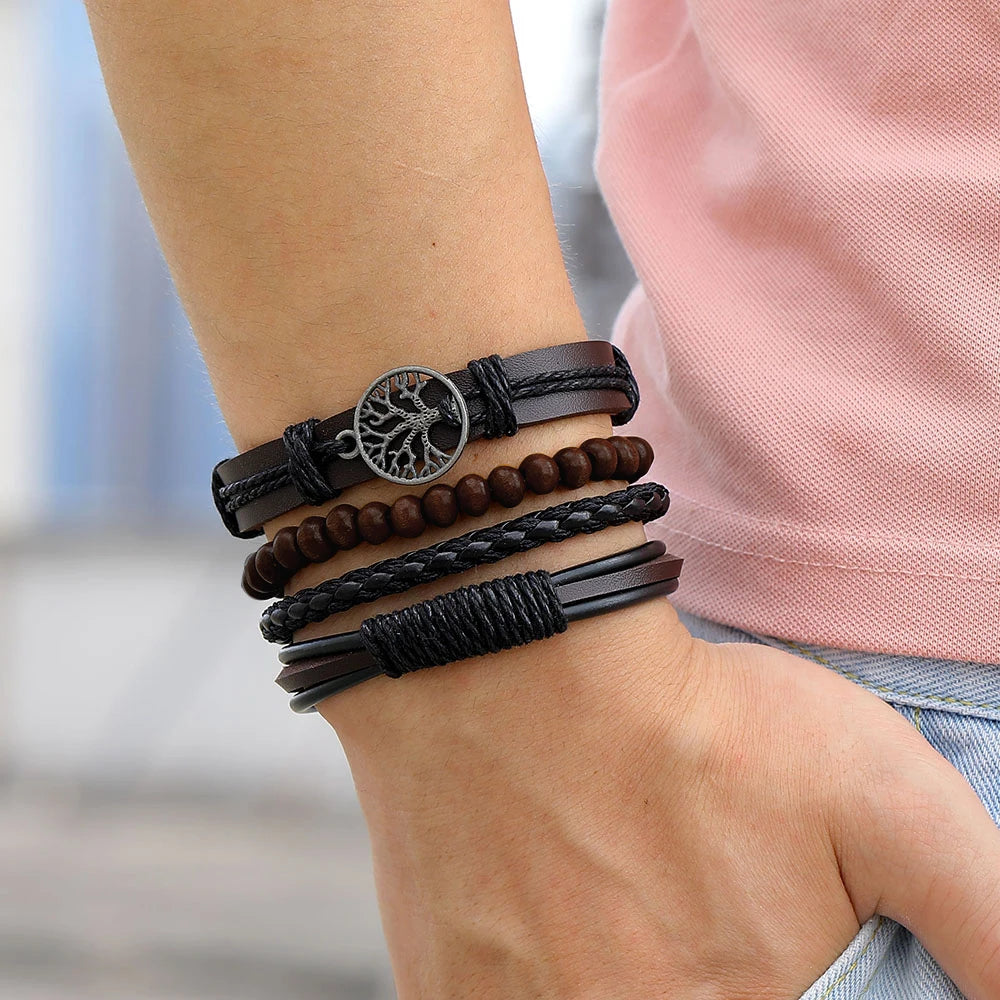 Vintage Multilayer Leather Bracelet Set with Life Tree & Wood Beads