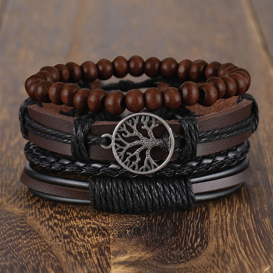 Conjunto de pulseras de cuero multicapa vintage con cuentas de madera y árbol de la vida