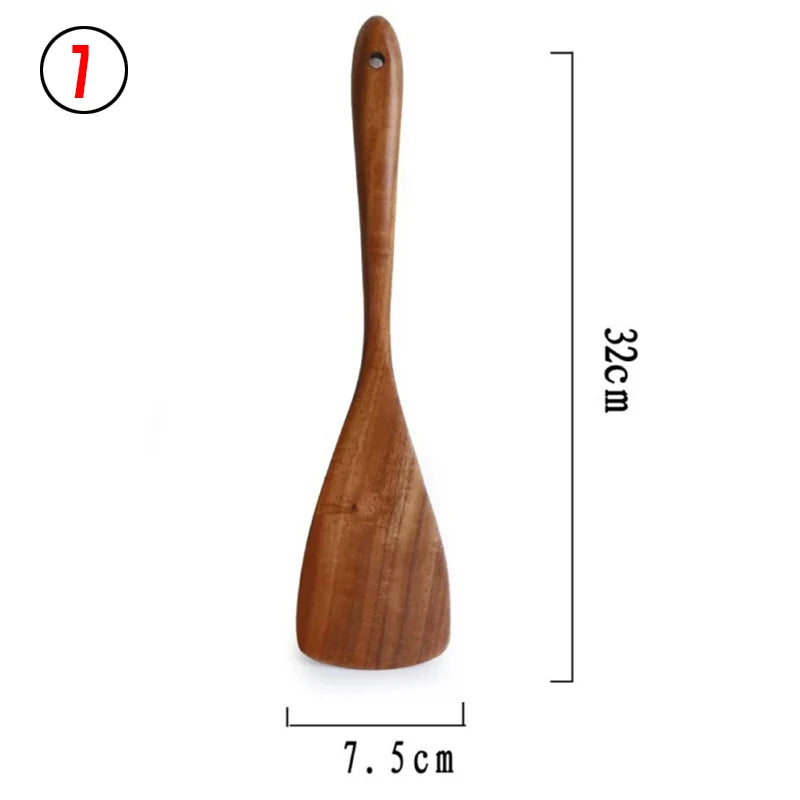 Juego de cocina de madera de teca tailandesa natural: colador de arroz, espumadera y cucharas para cocinar