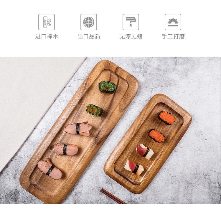 Plateau à sushi en bois d'acacia Amgo - Assiette à gâteau et à dessert irrégulière en bois massif