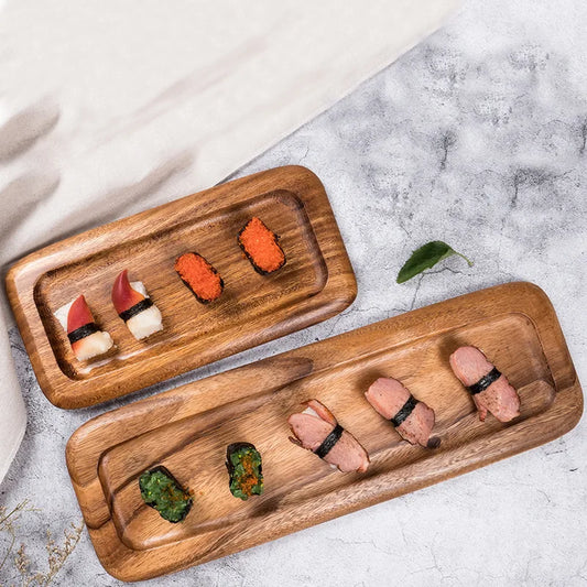 Plateau à sushi en bois d'acacia Amgo - Assiette à gâteau et à dessert irrégulière en bois massif