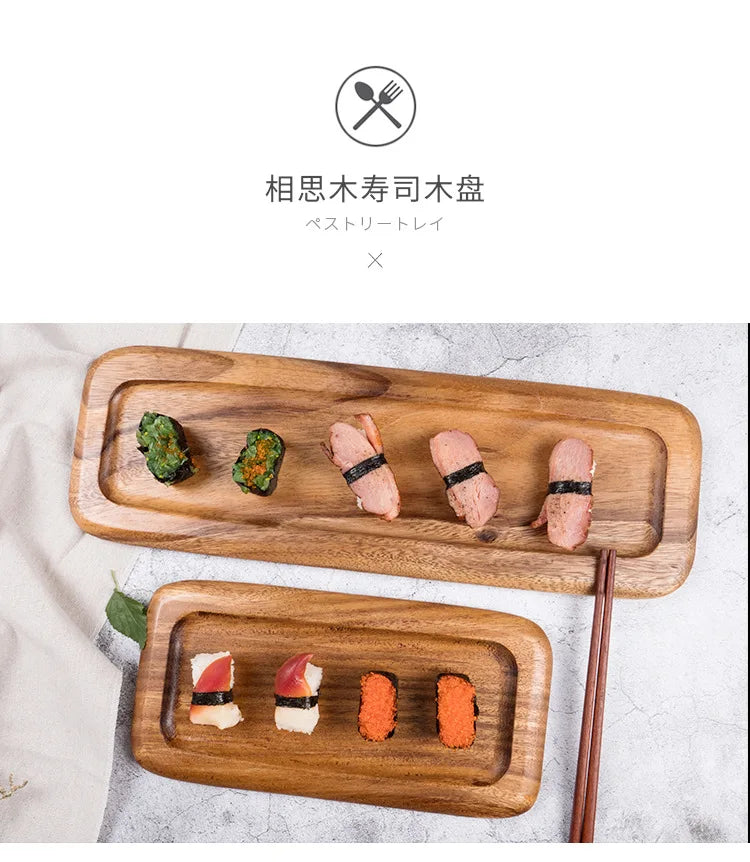 Plateau à sushi en bois d'acacia Amgo - Assiette à gâteau et à dessert irrégulière en bois massif