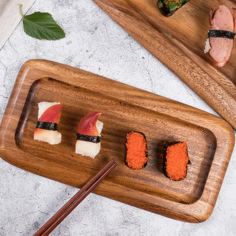 Plateau à sushi en bois d'acacia Amgo - Assiette à gâteau et à dessert irrégulière en bois massif