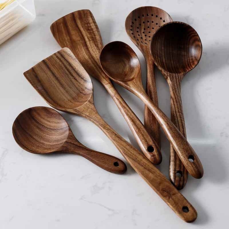 Juego de cocina de madera de teca tailandesa natural: colador de arroz, espumadera y cucharas para cocinar