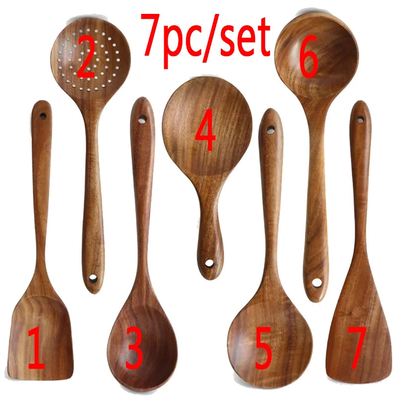 Juego de cocina de madera de teca tailandesa natural: colador de arroz, espumadera y cucharas para cocinar