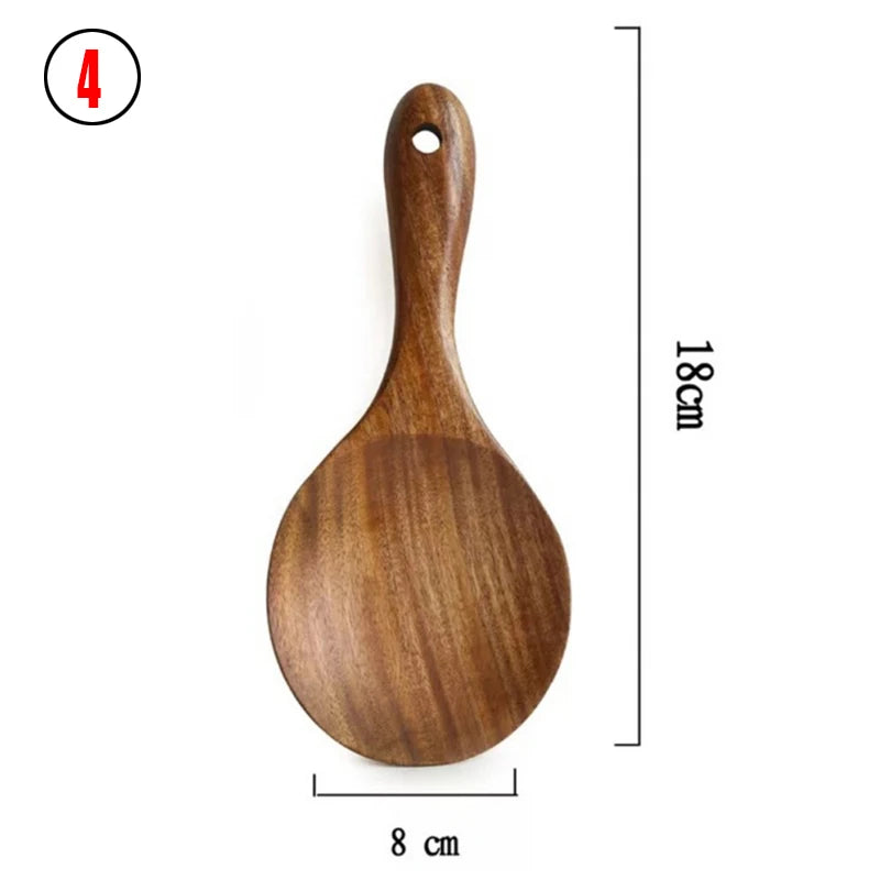 Juego de cocina de madera de teca tailandesa natural: colador de arroz, espumadera y cucharas para cocinar