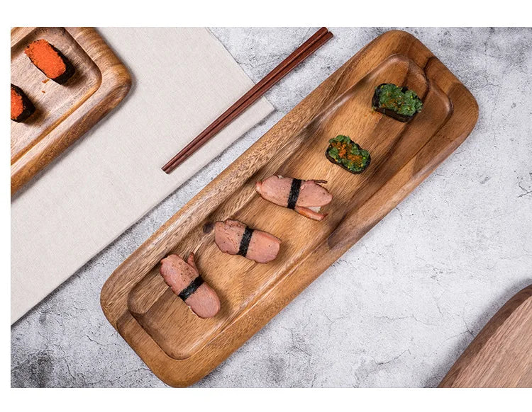 Plateau à sushi en bois d'acacia Amgo - Assiette à gâteau et à dessert irrégulière en bois massif