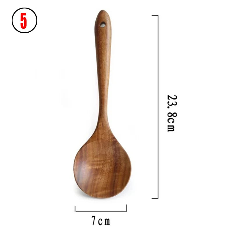 Juego de cocina de madera de teca tailandesa natural: colador de arroz, espumadera y cucharas para cocinar