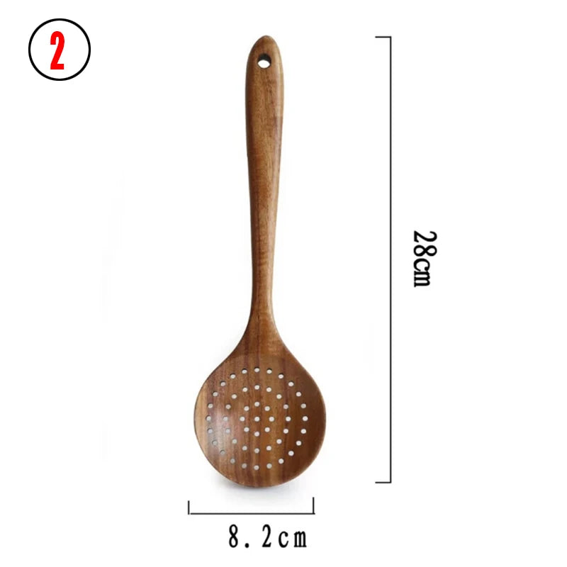 Juego de cocina de madera de teca tailandesa natural: colador de arroz, espumadera y cucharas para cocinar