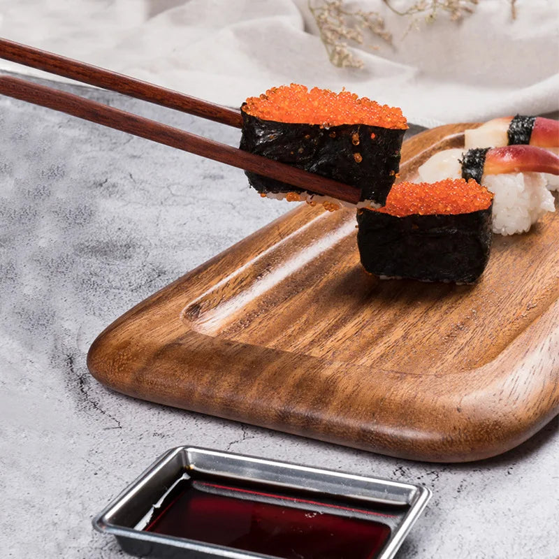 Plateau à sushi en bois d'acacia Amgo - Assiette à gâteau et à dessert irrégulière en bois massif