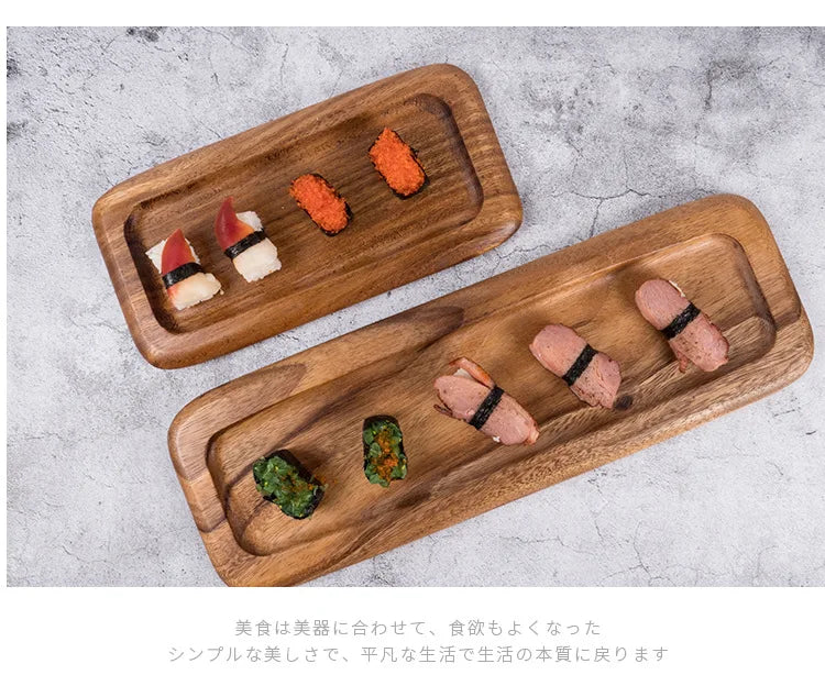 Plateau à sushi en bois d'acacia Amgo - Assiette à gâteau et à dessert irrégulière en bois massif