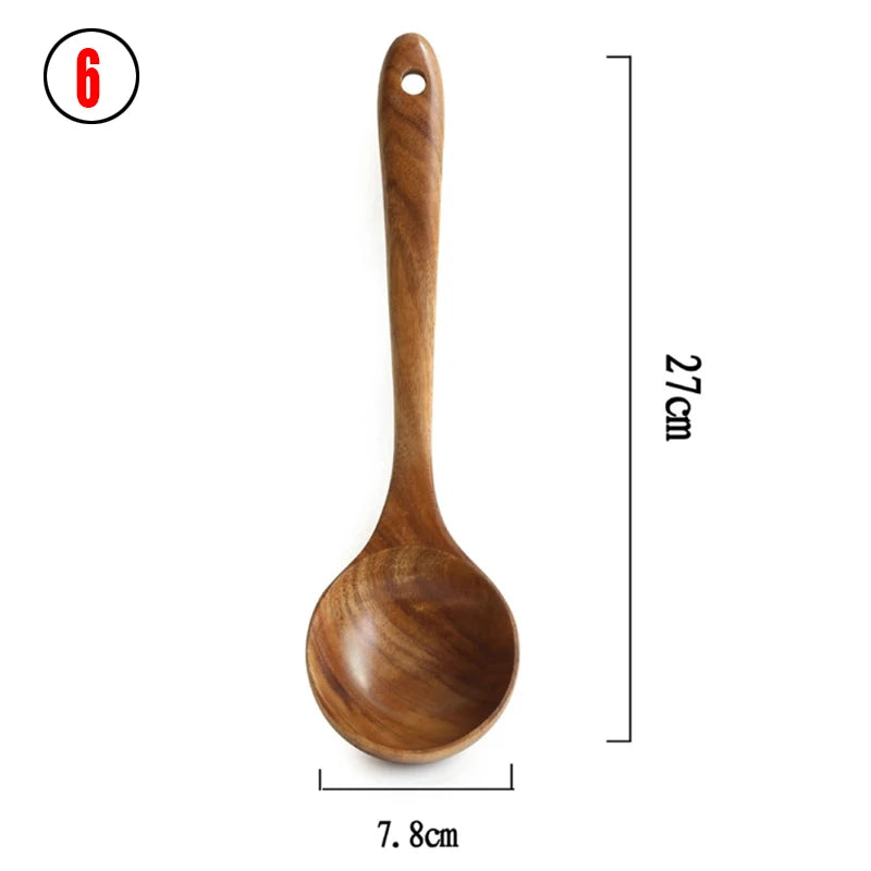 Juego de cocina de madera de teca tailandesa natural: colador de arroz, espumadera y cucharas para cocinar