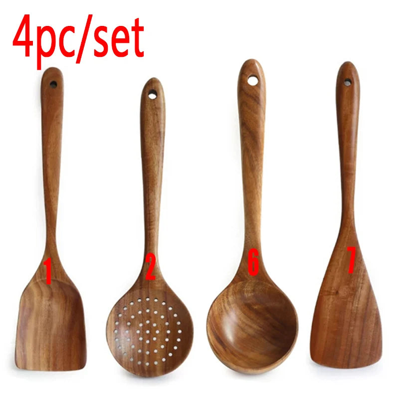 Juego de cocina de madera de teca tailandesa natural: colador de arroz, espumadera y cucharas para cocinar