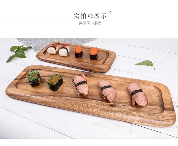 Plateau à sushi en bois d'acacia Amgo - Assiette à gâteau et à dessert irrégulière en bois massif