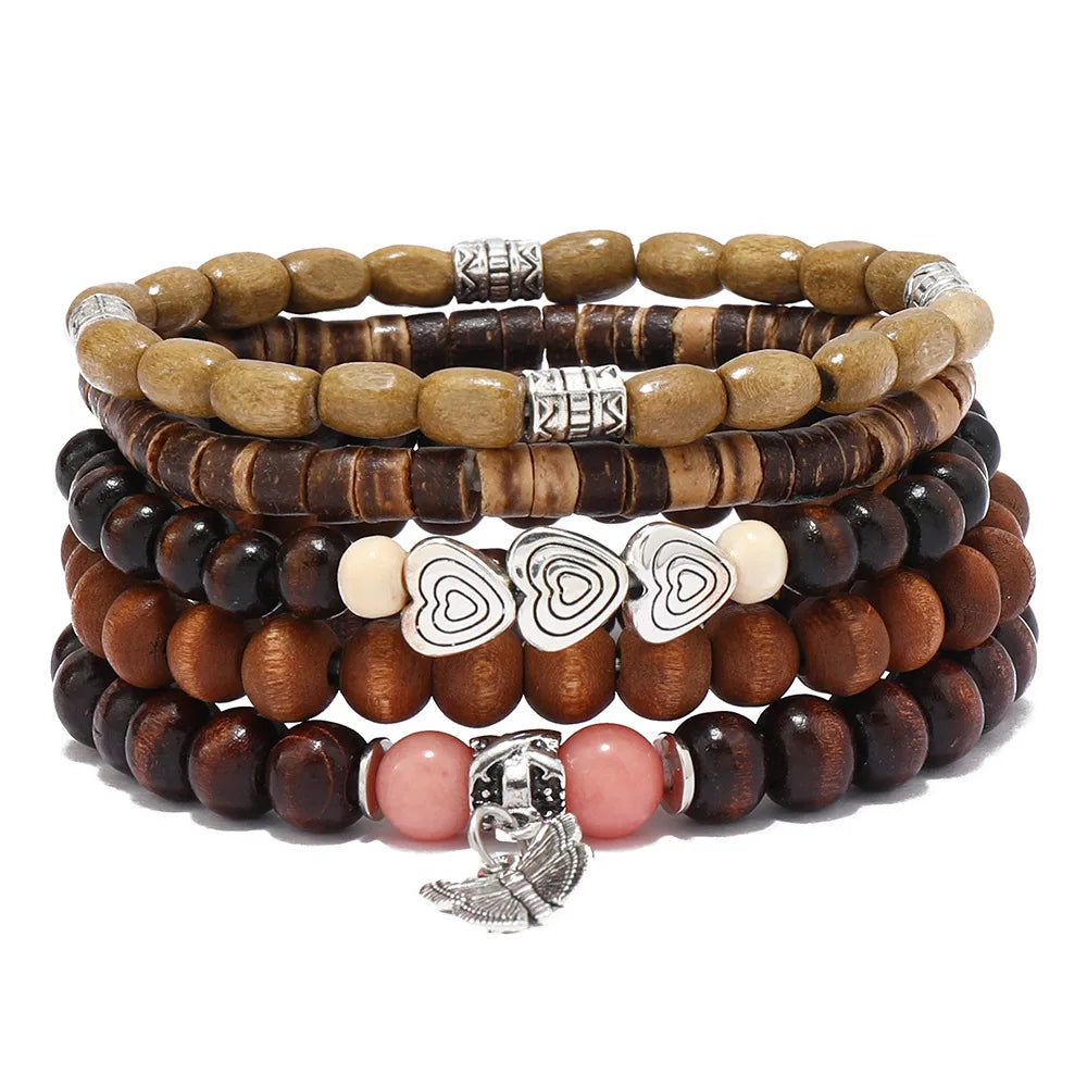 Boho Charm Bracelet Set: Wood Beads & Ethnic Charms