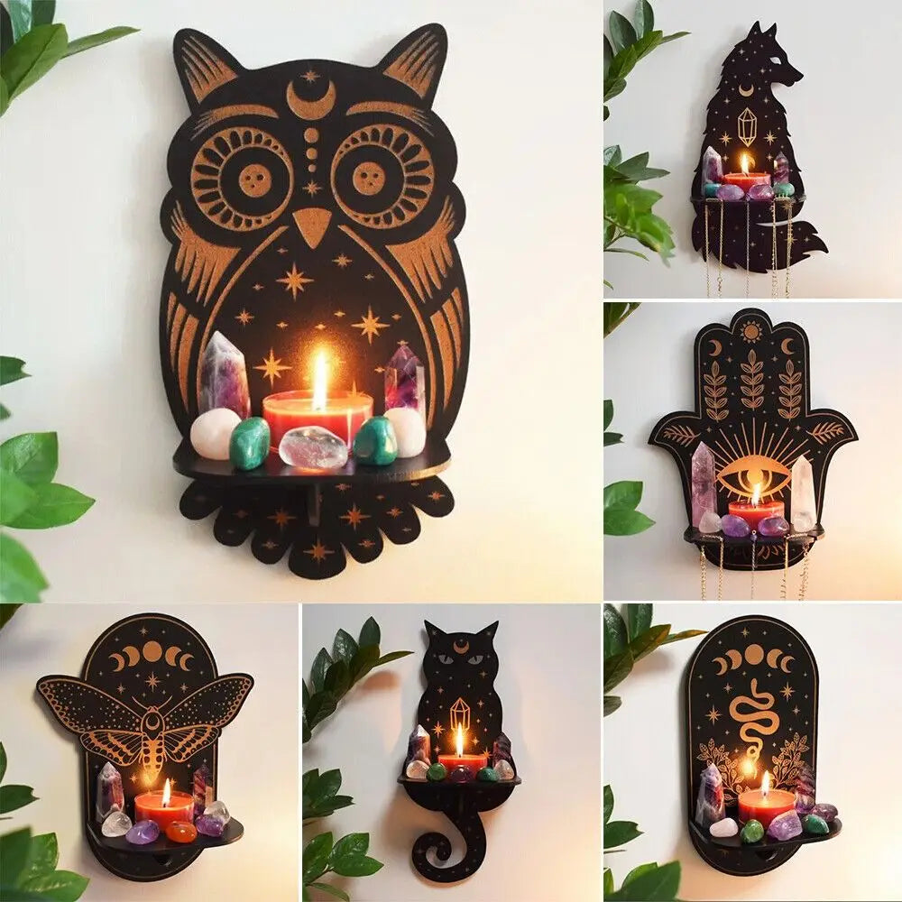 Owl Carved Wooden Candle Holder and Crystal Display Shelf