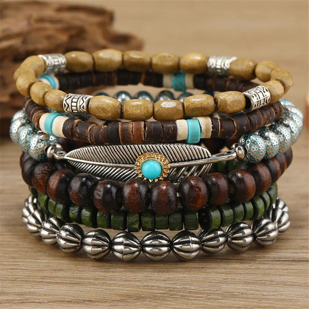 Bohemian Charm Bracelets Set: Feather, Evil Eye, Hamsa Hand & More