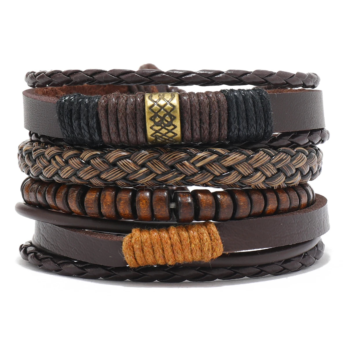 Vintage Tribal Leather Bracelets Set: Life Tree, Rudder & Wood Beads