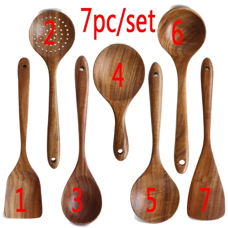 Juego de utensilios de cocina de madera de teca tailandesa de 7 piezas: colador de arroz, espumadera y cucharas para cocinar; ecológico y reutilizable