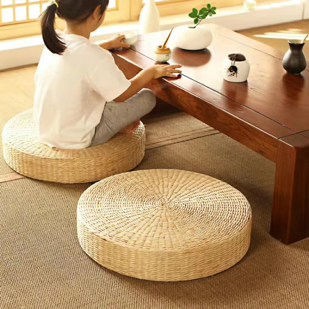 Hot 40cm*40cm Handmade Woven Natural Straw Round Pouf Tatami Cushion Floor Japanese Style Cushion Home Textile