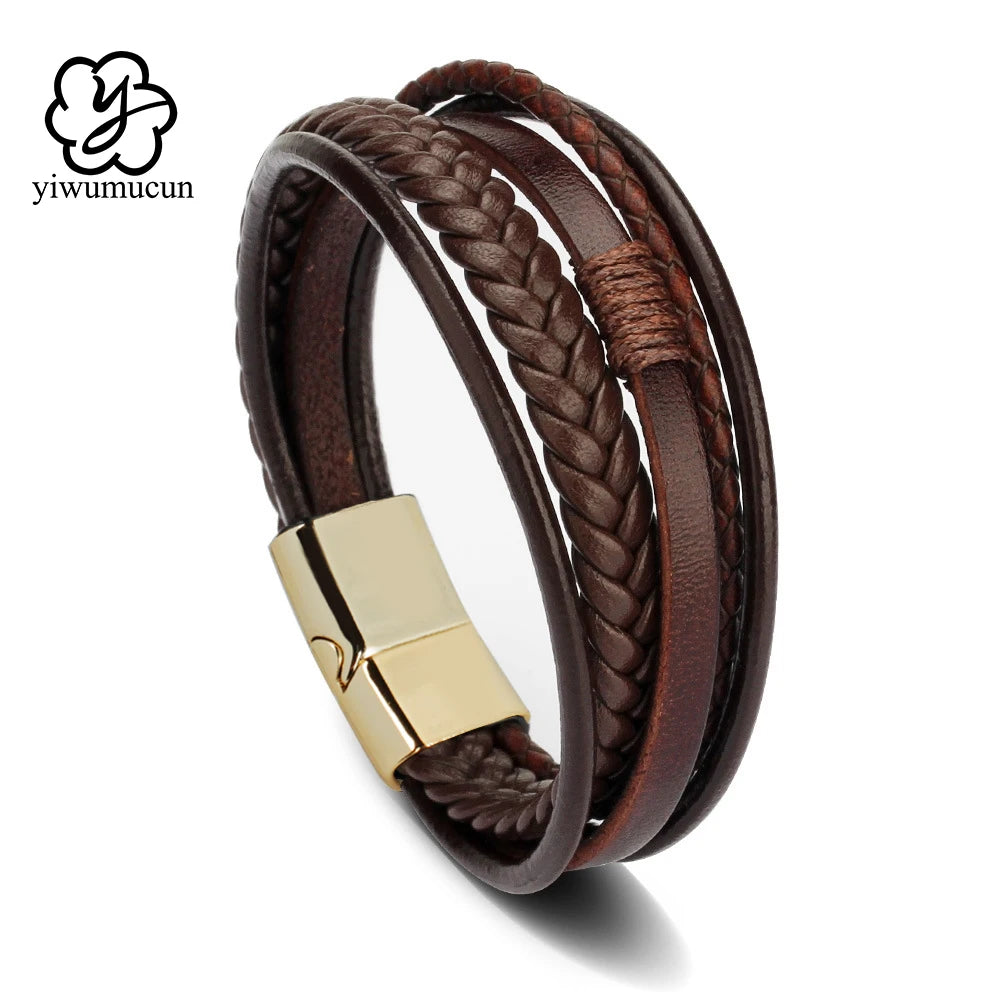 Trendy Men’s Leather Bracelets: Stainless Steel & Braided Rope