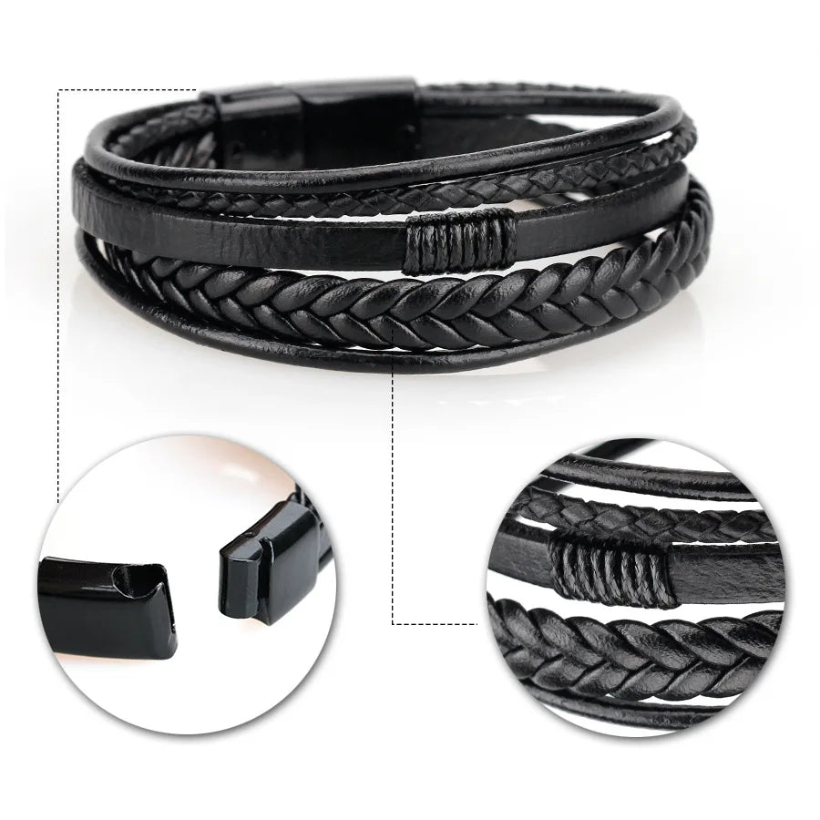 Trendy Men’s Leather Bracelets: Stainless Steel & Braided Rope