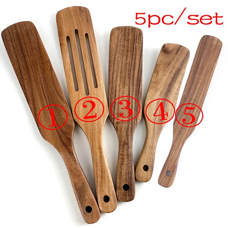 Juego de utensilios de cocina de madera de teca tailandesa de 7 piezas: colador de arroz, espumadera y cucharas para cocinar; ecológico y reutilizable