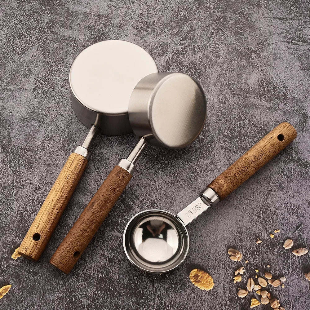 Wooden Handle Stainless Steel Measuring Cups & Spoons Set - 4/8 Pieces