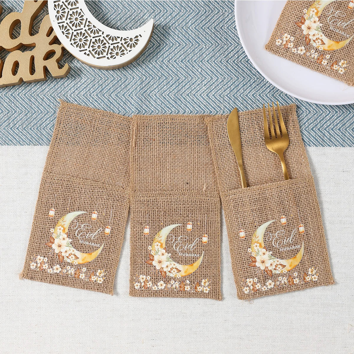 EID Mubarak 2025 Moon & Star Tableware Bags - Ramadan & Eid Al Adha Decor