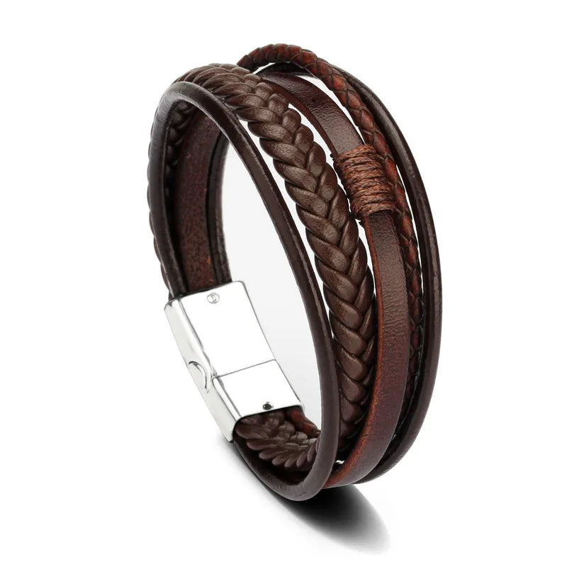 Trendy Men’s Leather Bracelets: Stainless Steel & Braided Rope