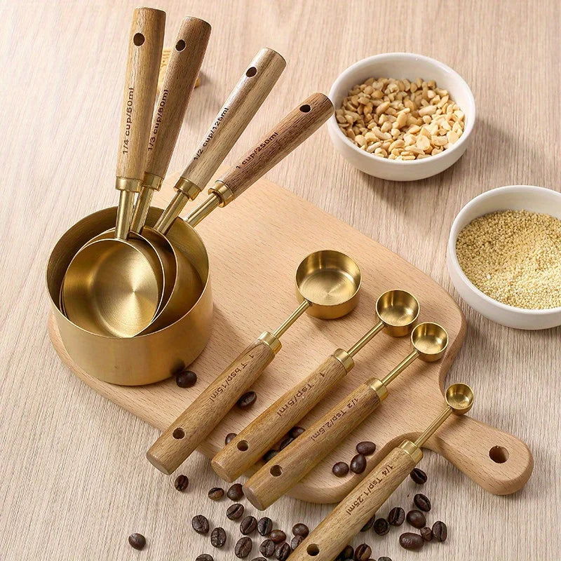 Wooden Handle Stainless Steel Measuring Cups & Spoons Set - 4/8 Pieces