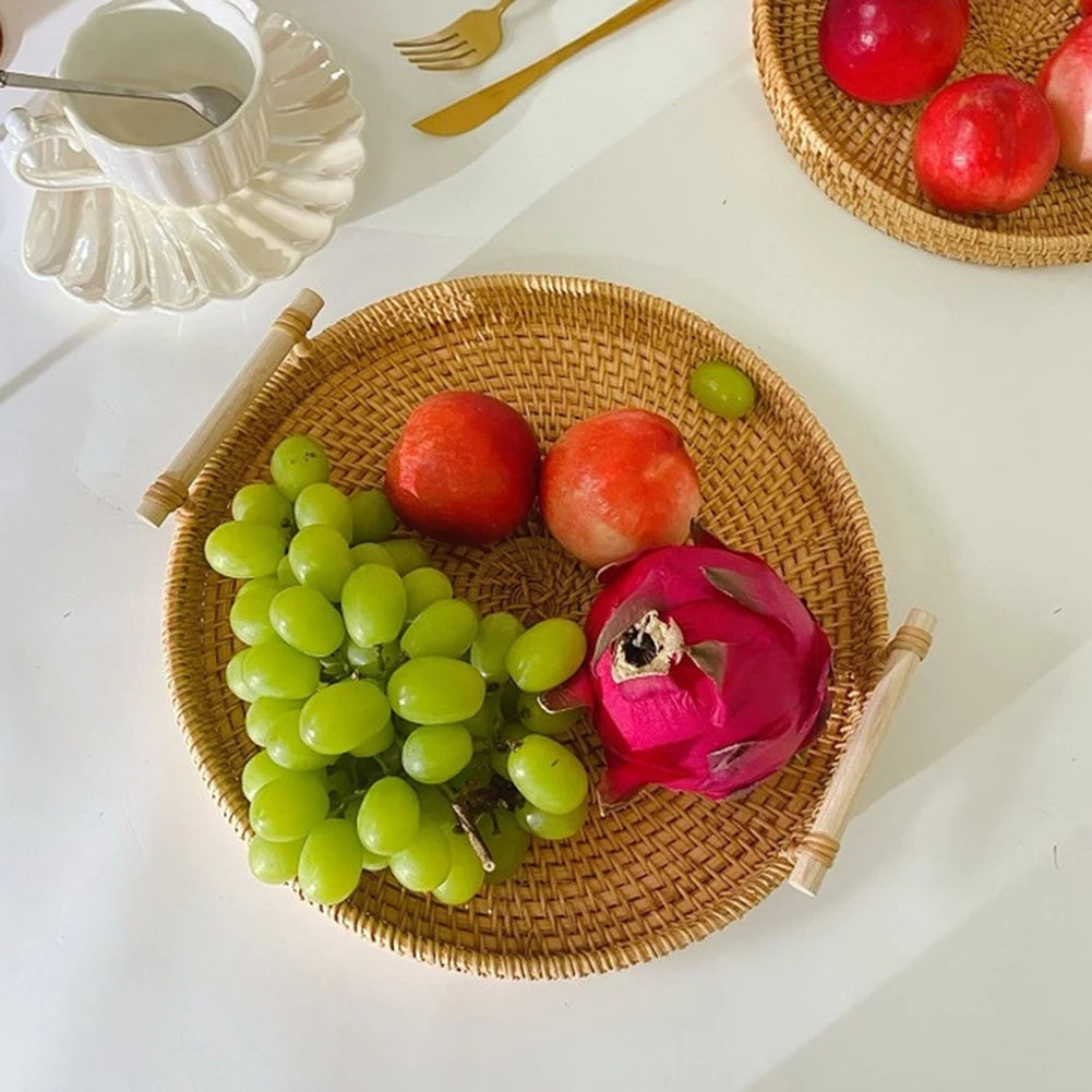 Handmade Rattan Fruit Storage Basket with Wooden Handle - Round Wicker Serving Tray