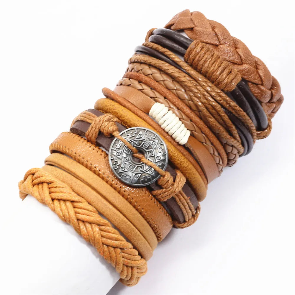 Handmade Brown Flower Leather Bracelet Set