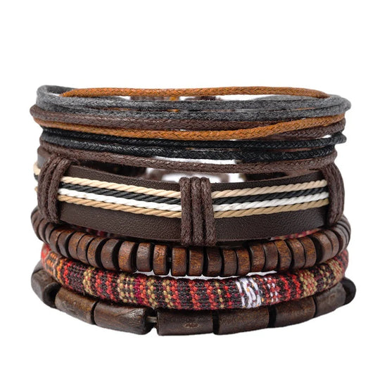 Vintage Tribal Leather Bracelets Set: Life Tree, Rudder & Wood Beads