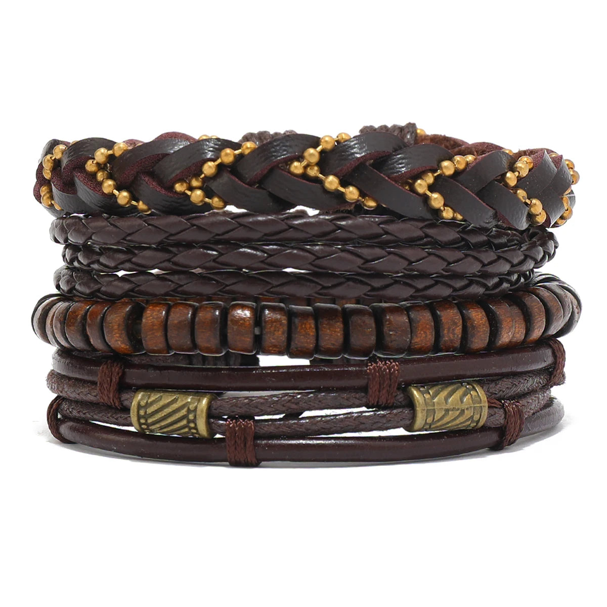 Vintage Tribal Leather Bracelets Set: Life Tree, Rudder & Wood Beads