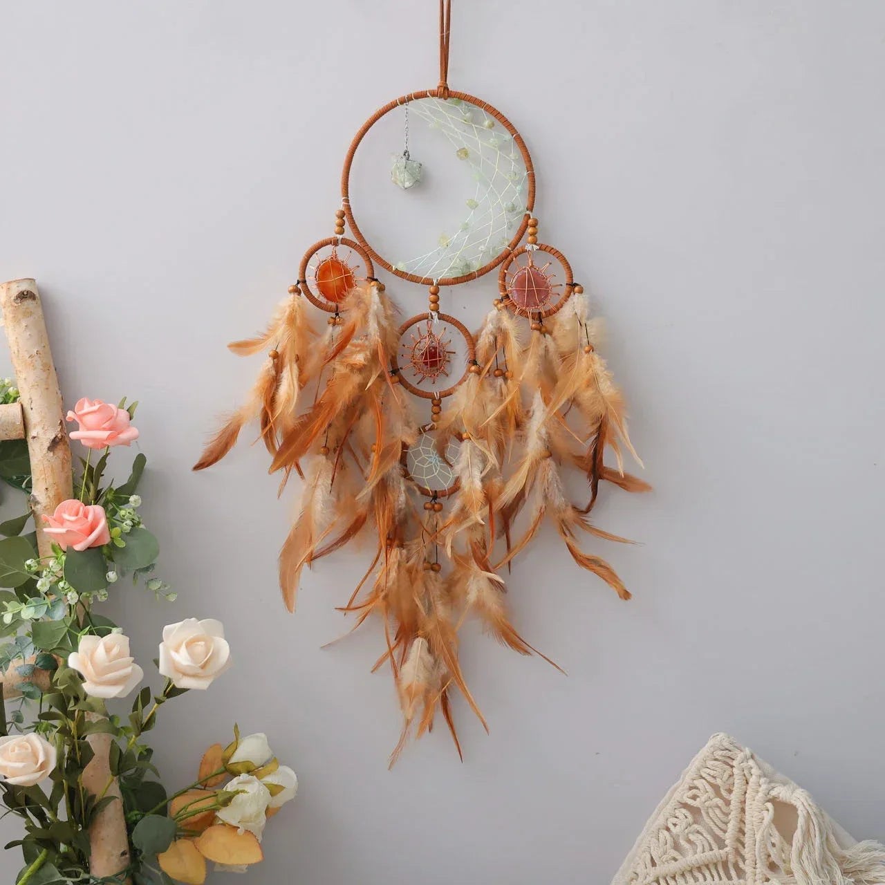 Handmade Dream-Catchers Hanging with Rattan Bead Feathers Wall Car Decoration Ornament Dreamcatchers Decoration Wind Chimes