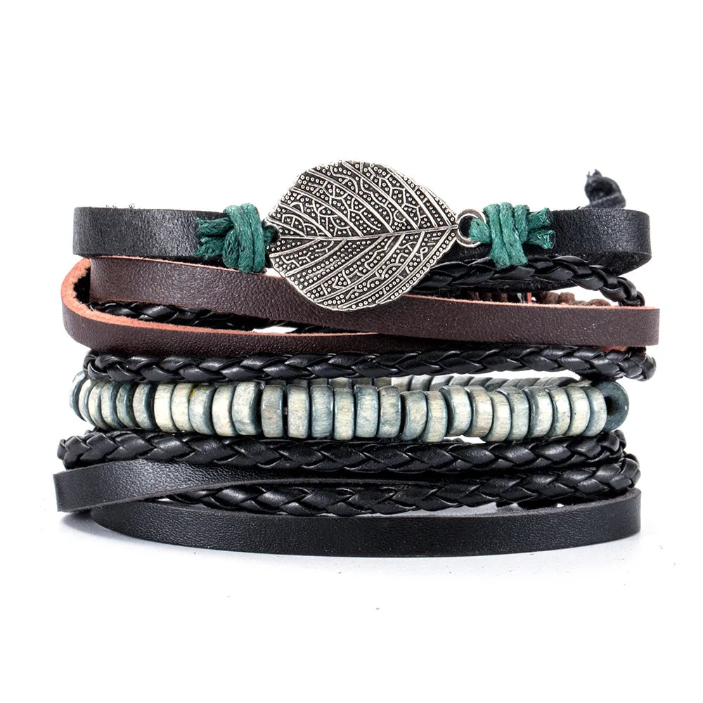 Vintage Tribal Leather Bracelets Set: Life Tree, Rudder & Wood Beads