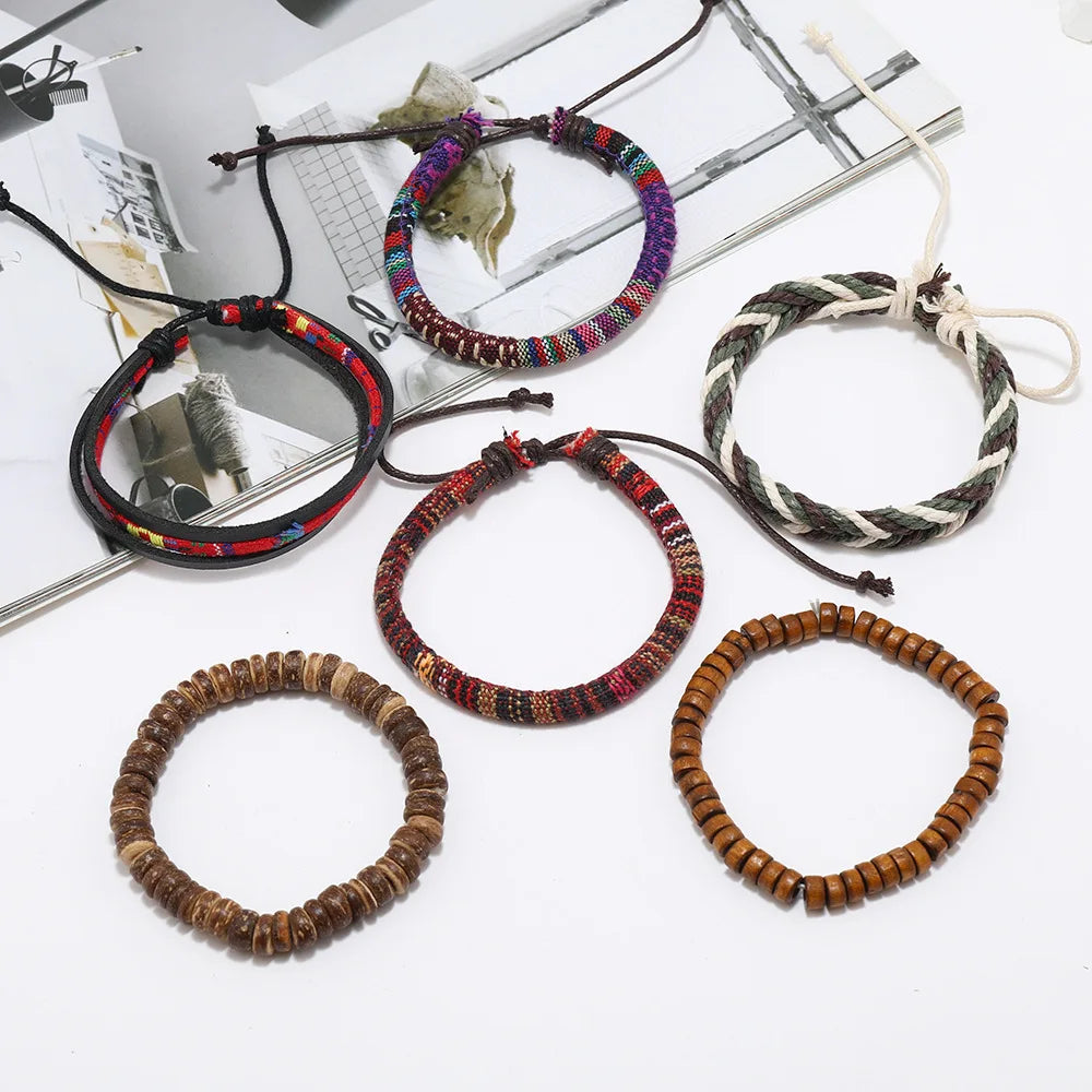 Vintage Tribal Leather Bracelets Set: Life Tree, Rudder & Wood Beads